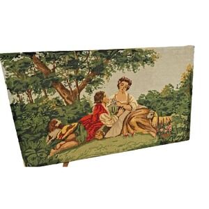 Hand-Stitched Needlepoint Tapestry Pastoral Courting Scene Mid Century Art
